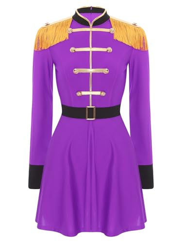 TiaoBug Damen Zirkusdirektor Kostüm Langarm Kleid mit Kunstleder Gürtel Fransen Schulterstücke Zirkus Ringmaster Cosplay Outfits Violett 4XL von TiaoBug