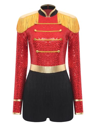 TiaoBug Damen Zirkusdirektor Kostüm Pailletten Body Langarm Bodysuit mit Bein Fransen Schulterstücke Slim Fit Jumpsuit Kurze Hose Ringmaster Cosplay Outfits Rot L TiaoBug Damen Zirkusdirektor Kostüm Pailletten Body Langarm Bodysuit mit Bein Fransen Schulterstücke Slim Fit Jumpsuit Kurze Hose Ringmaster Cosplay Outfits Rot L von TiaoBug