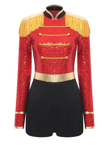 TiaoBug Damen Zirkusdirektorin Kostüm Pailletten Body mit Bein Langarm Bodysuit Fransen Schulterstücke Slim Fit Jumpsuit Kurze Hose Ringmaster Cosplay Outfits Rot S von TiaoBug
