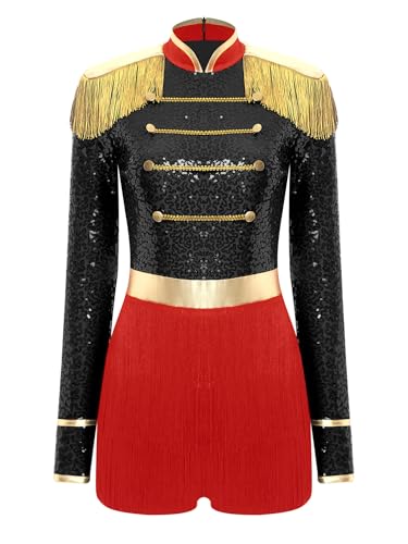 TiaoBug Damen Zirkusdirektorin Kostüm Pailletten Body mit Bein Langarm Bodysuit Fransen Schulterstücke Slim Fit Jumpsuit Kurze Hose Ringmaster Cosplay Outfits Schwarz S von TiaoBug