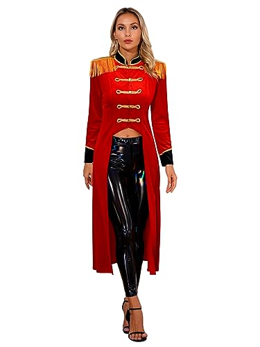 TiaoBug Damen Zirkusdirektor Kostüm Showman Frack Gothic Steampunk Jacke Gehrock mit Quaste Epauletten Kapitän Uniform Weihnachten Festzug Outfits Rot 3XL von TiaoBug