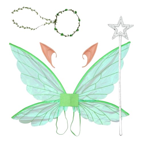 TiaoBug Elf Kostüm Set Glitzernde Flügel Blumengirlande Und Elfenohren Sternförmiger Zauberstab Cosplay Requisiten Grünes Set Einheitsgröße von TiaoBug