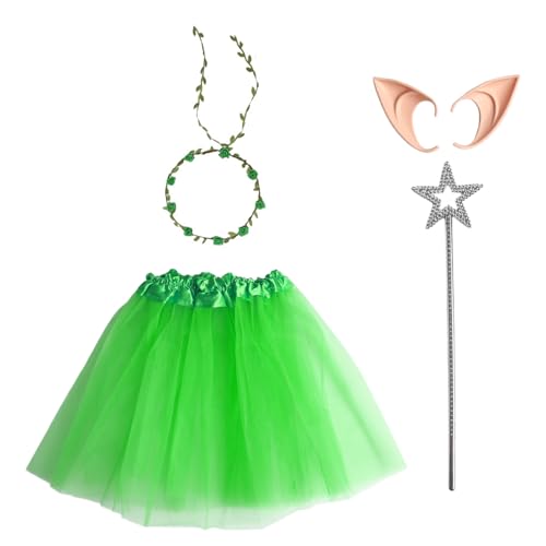 TiaoBug Elf Kostüm Set Tüll Ballett Tutu Girlande Elfenohren Und Stern Zauberstab Für Halloween Cosplay Party Grün Einheitsgröße von TiaoBug