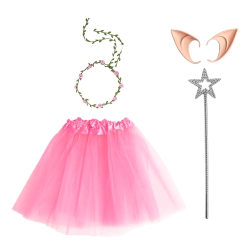 TiaoBug Elf Kostüm Set Tüll Ballett Tutu Girlande Elfenohren Und Stern Zauberstab Für Halloween Cosplay Party Rosa Einheitsgröße von TiaoBug