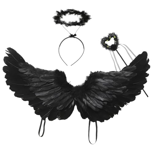TiaoBug Engel Kostüm Set Federflügel mit Heiligenschein Feenstab Halloween Weihnachten Cupid Cosplay Valentinstag Zubehör Schwarz M One Size von TiaoBug