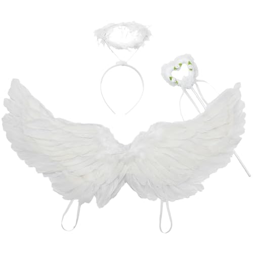 TiaoBug Engel Kostüm Set Federflügel mit Heiligenschein Feenstab Halloween Weihnachten Cupid Cosplay Valentinstag Zubehör Weiß S One Size von TiaoBug
