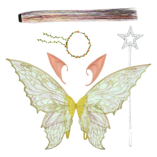 TiaoBug Feen Kostüm Set Mit Schmetterlingsflügeln Blumenkranz Und Elfenohren Prinzessin Zauberstab Haar Glitzer Gold Einheitsgröße von TiaoBug