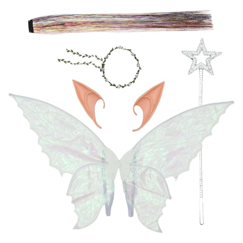 TiaoBug Feen Kostüm Set Mit Schmetterlingsflügeln Blumenkranz Und Elfenohren Prinzessin Zauberstab Haar Glitzer Weiß Einheitsgröße von TiaoBug