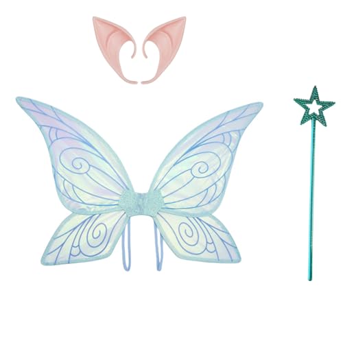 TiaoBug Feen Kostüm Set Mit Waldelfen Durchsichtigen Flügeln Elfenohren Und Feenstab Für Halloween Verkleidungsparty Blau Einheitsgröße von TiaoBug