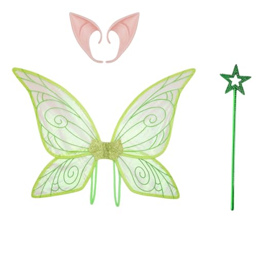 TiaoBug Feen Kostüm Set Mit Waldelfen Durchsichtigen Flügeln Elfenohren Und Feenstab Für Halloween Verkleidungsparty Grün Einheitsgröße von TiaoBug