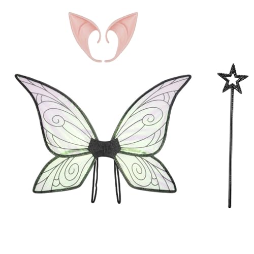 TiaoBug Feen Kostüm Set Mit Waldelfen Durchsichtigen Flügeln Elfenohren Und Feenstab Für Halloween Verkleidungsparty Schwarz Einheitsgröße von TiaoBug