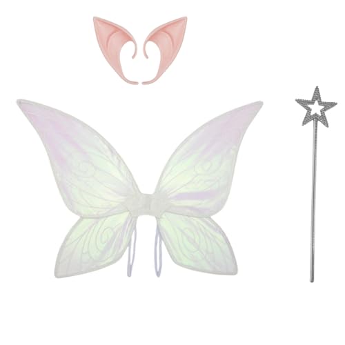 TiaoBug Feen Kostüm Set Mit Waldelfen Durchsichtigen Flügeln Elfenohren Und Feenstab Für Halloween Verkleidungsparty Weiß Einheitsgröße von TiaoBug