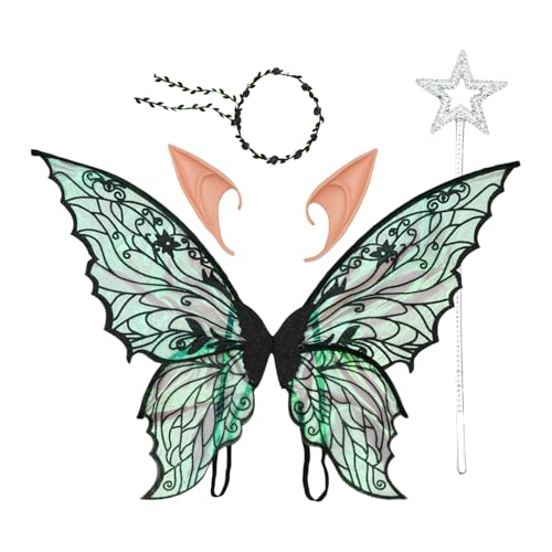 TiaoBug Feen Kostüm Set Schmetterlingsflügel Blumenkranz Und Elfenohren Prinzessinnen Zauberstab Cosplay Requisiten Schwarz Einheitsgröße von TiaoBug