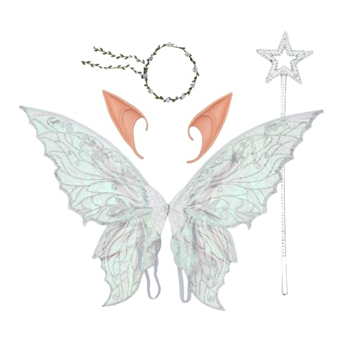 TiaoBug Feen Kostüm Set Schmetterlingsflügel Blumenkranz Und Elfenohren Prinzessinnen Zauberstab Cosplay Requisiten Silber Einheitsgröße TiaoBug Feen Kostüm Set Schmetterlingsflügel Blumenkranz Und Elfenohren Prinzessinnen Zauberstab Cosplay Requisiten Silber Einheitsgröße von TiaoBug
