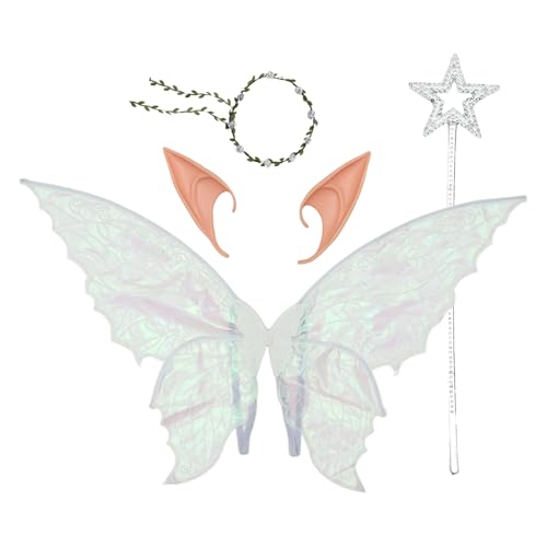 TiaoBug Feen Kostüm Set Schmetterlingsflügel Blumenkranz Und Elfenohren Prinzessinnen Zauberstab Cosplay Requisiten Weiß Einheitsgröße von TiaoBug