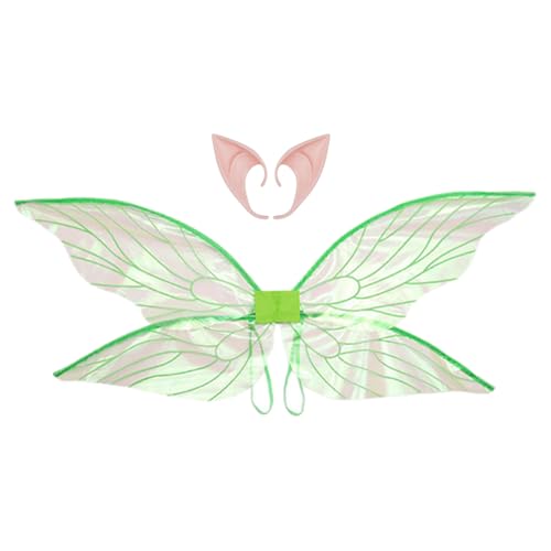 TiaoBug Feenflügel Für Damen Mädchen Funkelnde Libellenflügel Mit Elfenohren Für Kostümpartys Grün Einheitsgröße von TiaoBug
