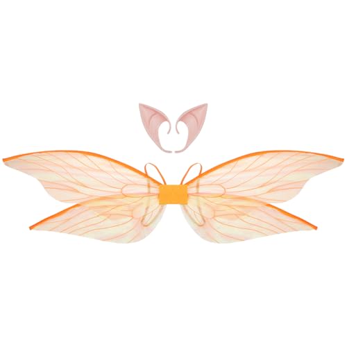 TiaoBug Feenflügel Für Damen Mädchen Funkelnde Libellenflügel Mit Elfenohren Für Kostümpartys Orange Einheitsgröße von TiaoBug