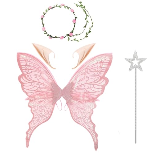 TiaoBug Feenkostüm-Set Glitzernde Schmetterlingsflügel und Blumenkrone Elfenohren Zauberstab für Halloween-Geburtstagspartys Rosa Set Einheitsgröße von TiaoBug