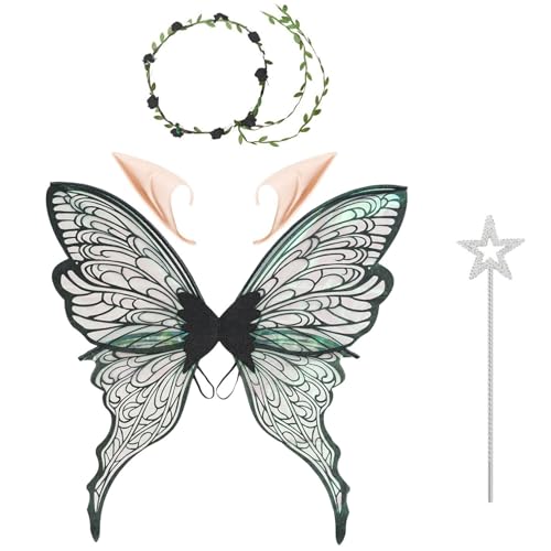 TiaoBug Feenkostüm-Set Glitzernde Schmetterlingsflügel und Blumenkrone Elfenohren Zauberstab für Halloween-Geburtstagspartys Schwarzes Set Einheitsgröße von TiaoBug