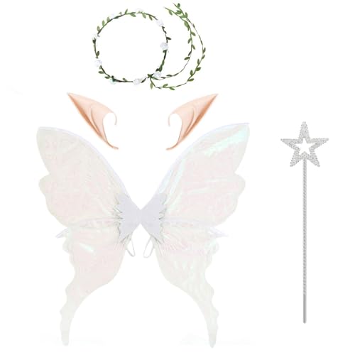 TiaoBug Feenkostüm-Set Glitzernde Schmetterlingsflügel und Blumenkrone Elfenohren Zauberstab für Halloween-Geburtstagspartys Weißes Set Einheitsgröße von TiaoBug