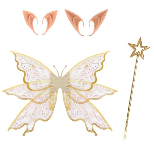 TiaoBug Feenkostüm-Set mit glitzernden Schmetterlingsflügeln, Elfenohren und Feenzauberstab für Halloween-Geburtstagsfeiern Gold Einheitsgröße von TiaoBug