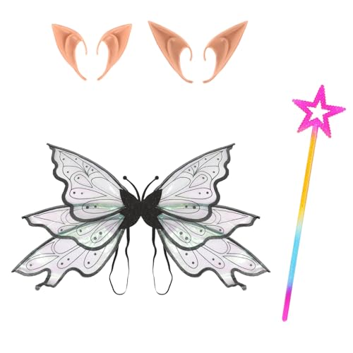TiaoBug Feenkostüm-Set mit glitzernden Schmetterlingsflügeln, Elfenohren und Feenzauberstab für Halloween-Geburtstagsfeiern Schwarz Einheitsgröße von TiaoBug