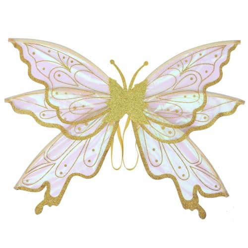 TiaoBug Funkelnde Elfenflügel für Erwachsene Mehrschichtige Prinzessinnen-Feenflügel Geburtstagsfeiern Cosplay-Kostüme Zubehör Gold Einheitsgröße von TiaoBug