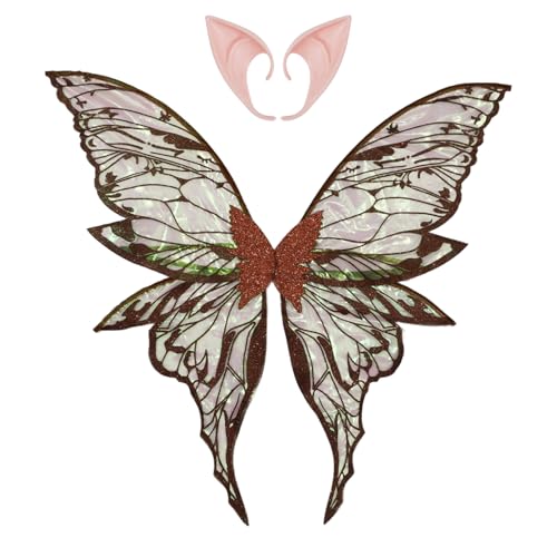 TiaoBug Glitzernde Schmetterlingsflügel Waldelfenflügel mit Elfenohren Requisiten für Halloween Faschingskostüm Braun One Size von TiaoBug