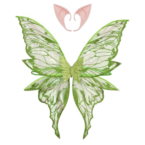 TiaoBug Glitzernde Schmetterlingsflügel Waldelfenflügel mit Elfenohren Requisiten für Halloween Faschingskostüm Grün One Size von TiaoBug