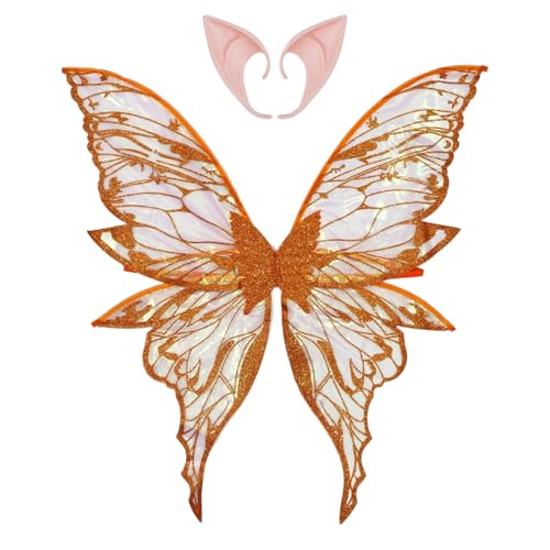 TiaoBug Glitzernde Schmetterlingsflügel Waldelfenflügel mit Elfenohren Requisiten für Halloween Faschingskostüm Orange One Size von TiaoBug