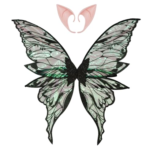 TiaoBug Glitzernde Schmetterlingsflügel Waldelfenflügel mit Elfenohren Requisiten für Halloween Faschingskostüm Schwarz One Size von TiaoBug