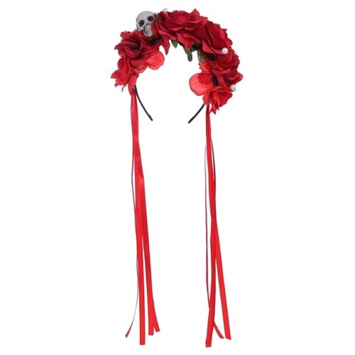 TiaoBug Halloween Blumen Totenkopf Haarreifen Tag Der Toten Braut Kopfschmuck Kostüm Accessoire Rot Einheitsgröße von TiaoBug