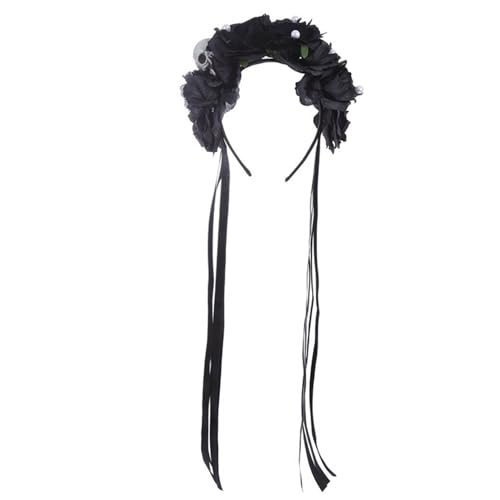 TiaoBug Halloween Blumen Totenkopf Haarreifen Tag Der Toten Braut Kopfschmuck Kostüm Accessoire Schwarz Einheitsgröße von TiaoBug
