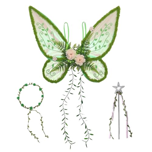 TiaoBug Halloween Elfen Cosplay Set Wald Fee Flügel Blumenkrone Fee Zauberstab Für Maskeraden Party Fantasy Cosplay 1 Satz Grün Einheitsgröße von TiaoBug
