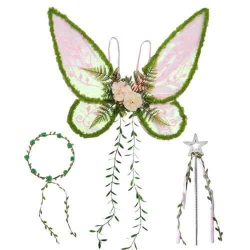 TiaoBug Halloween Elfen Cosplay Set Wald Fee Flügel Blumenkrone Fee Zauberstab Für Maskeraden Party Fantasy Cosplay 1 Satz Rosa Einheitsgröße von TiaoBug