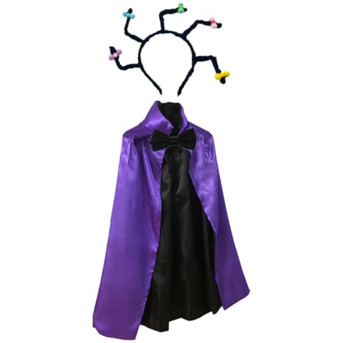 TiaoBug Halloween Hexe Zauberer Umhang Vampir Langer Umhang Zöpfe Haar Reifen Fliege Kostüm Lila Cape B Krawatte und Haarreif Einheitsgröße von TiaoBug