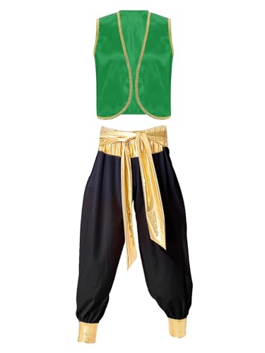 TiaoBug Herren Arabian Prinz Kostüm Outfits Halloween Ärmellose Weste Tops + Hose + Gürtel Set Fasching Karneval Verkleidung Grün Schwarz D XL von TiaoBug