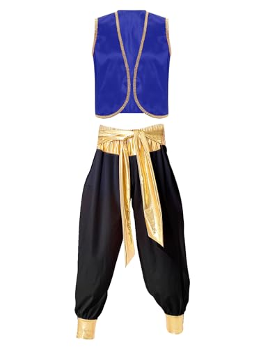 TiaoBug Herren Arabian Prinz Kostüm Outfits Halloween Ärmellose Weste Tops + Hose + Gürtel Set Fasching Karneval Verkleidung Königsblau Schwarz D 3XL von TiaoBug