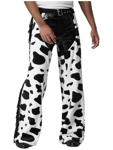 TiaoBug Herren Flanell Kuh Flecken Hose Ouvert Anzughose mit Fransen Schnalle Loose Fit Winterhose Cover Up Pants Halloween Kostüm Zubehör Schwarz Weiß L von TiaoBug
