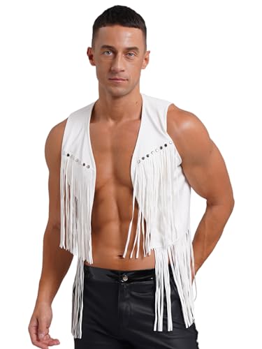 TiaoBug Herren Fransenweste Cowboy Kostüm Ärmellose Jacke mit Quaste Faux Wildleder 70er Hippie Accessoires Vorne Offene Strickjacke Cardigen Weiß L TiaoBug Herren Fransenweste Cowboy Kostüm Ärmellose Jacke mit Quaste Faux Wildleder 70er Hippie Accessoires Vorne Offene Strickjacke Cardigen Weiß L von TiaoBug