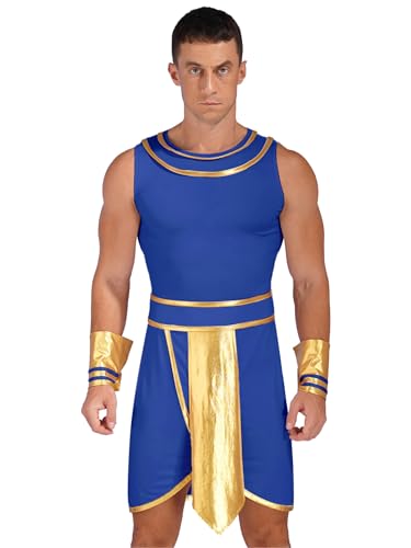 TiaoBug Herren Halloween Kostüm König Pharao Toga Kleid mit Armbändern Goldene Besatz Gürtel Cosplay Mottoparty Outfits Blau 3XL von TiaoBug