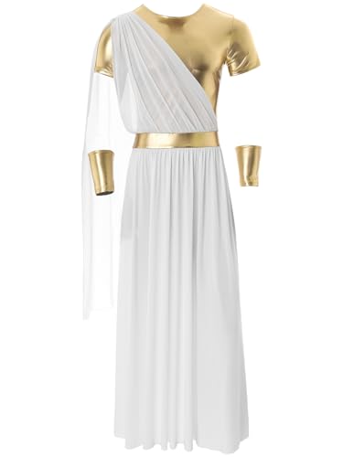 TiaoBug Herren Halloween Kostüm König Pharao Toga Kleid mit Armbändern Goldene Besatz Gürtel Cosplay Mottoparty Outfits Weiß C M von TiaoBug