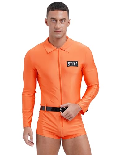 TiaoBug Herren Sträfling Kostüm Erwachsenen Gefangener Anzug Jumpsuit Overalls mit Gürtel Gefängnis Uniform Halloween Mottoparty Outfits Orange 3XL von TiaoBug