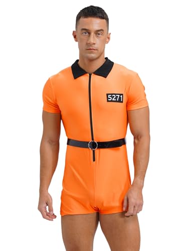 TiaoBug Herren Sträfling Kostüm Gefangener Anzug Jumpsuit Kurz Overalls mit Kunstleder Gürtel Gefängnis Uniform Erwachsenen Halloween Cosplay Outfits Orange L von TiaoBug