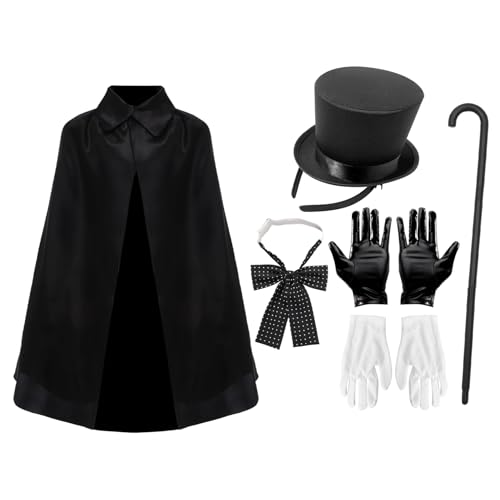 TiaoBug Jr Magier Kostüm Set Jr Magic Cape Zylinder Handschuhe Fliege Zauberstab für Halloween Party Geben Sie M ein One Size von TiaoBug