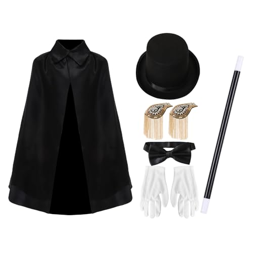 TiaoBug Jr Magier Kostüm Set Jr Magic Cape Zylinder Handschuhe Fliege Zauberstab für Halloween Party Typ B One Size von TiaoBug