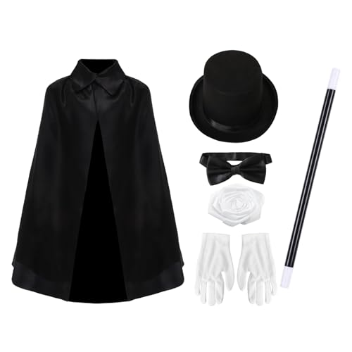 TiaoBug Jr Magier Kostüm Set Jr Magic Cape Zylinder Handschuhe Fliege Zauberstab für Halloween Party Typ D One Size von TiaoBug