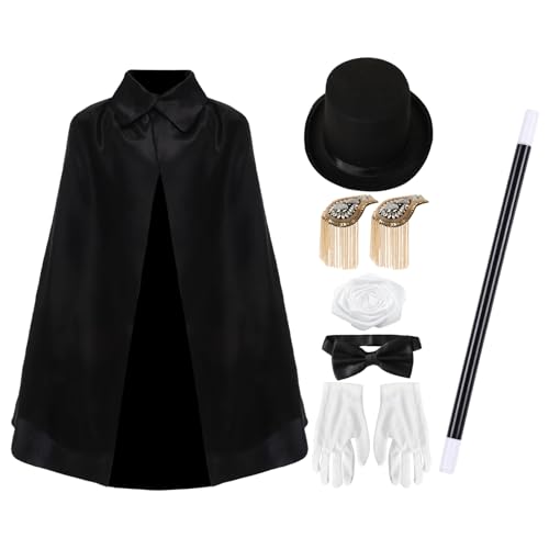 TiaoBug Jr Magier Kostüm Set Jr Magic Cape Zylinder Handschuhe Fliege Zauberstab für Halloween Party Typ F One Size von TiaoBug