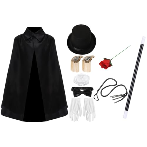 TiaoBug Jr Magier Kostüm Set Jr Magic Cape Zylinder Handschuhe Fliege Zauberstab für Halloween Party Typ G One Size von TiaoBug