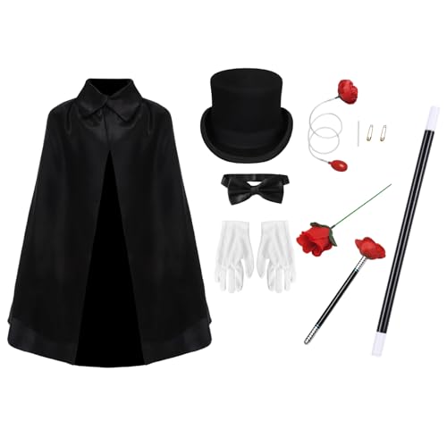 TiaoBug Jr Magier Kostüm Set Jr Magic Cape Zylinder Handschuhe Fliege Zauberstab für Halloween Party Typ J One Size von TiaoBug